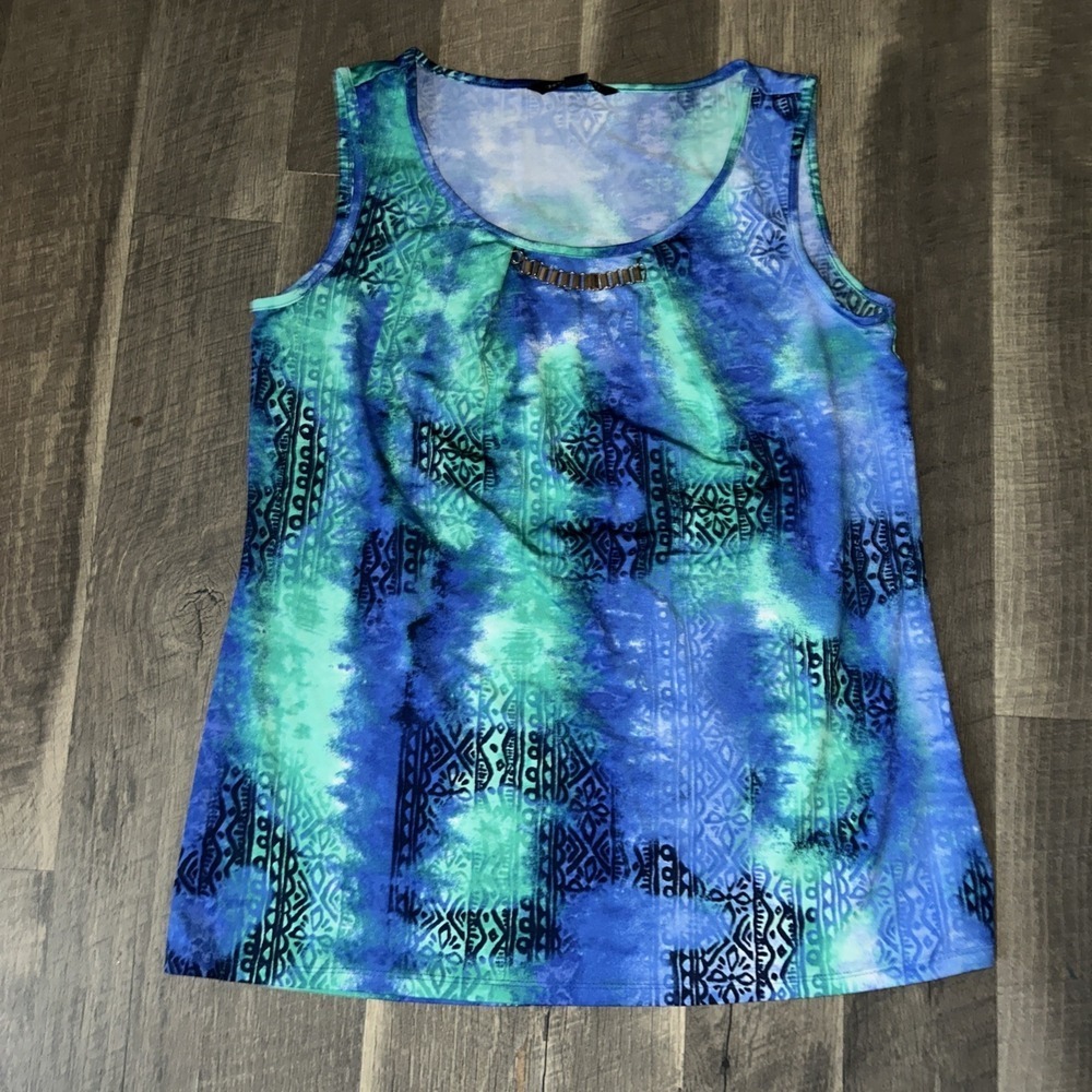 Zac & Rachel Blue Green Ikat‎ Sleeveless Scoop Neck Tank Top Size S